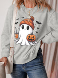 Halloween Ghost Round Neck Sweatshirt, Cotton Trendsi