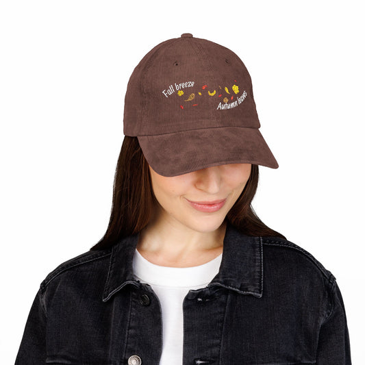 Vintage Embroidered Corduroy Cap — "Fall Breeze, Autumn Leaves"