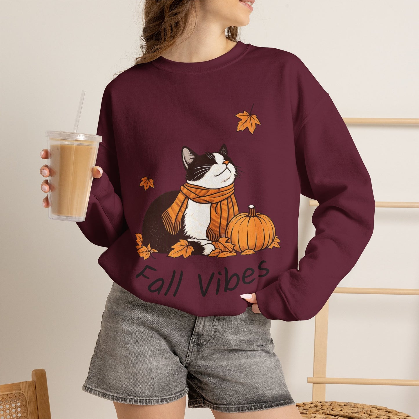 Fall Vibes Cat Sweatshirt – Cozy Autumn Cotton Crewneck