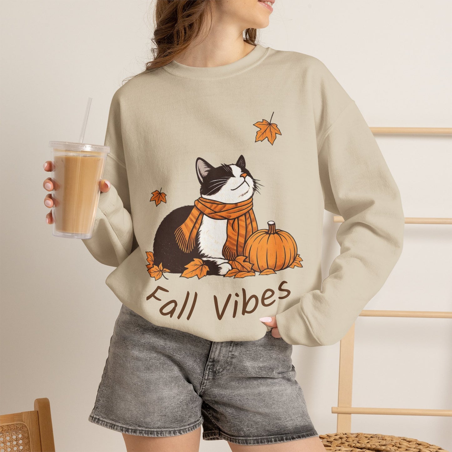 Fall Vibes Cat Sweatshirt – Cozy Autumn Cotton Crewneck
