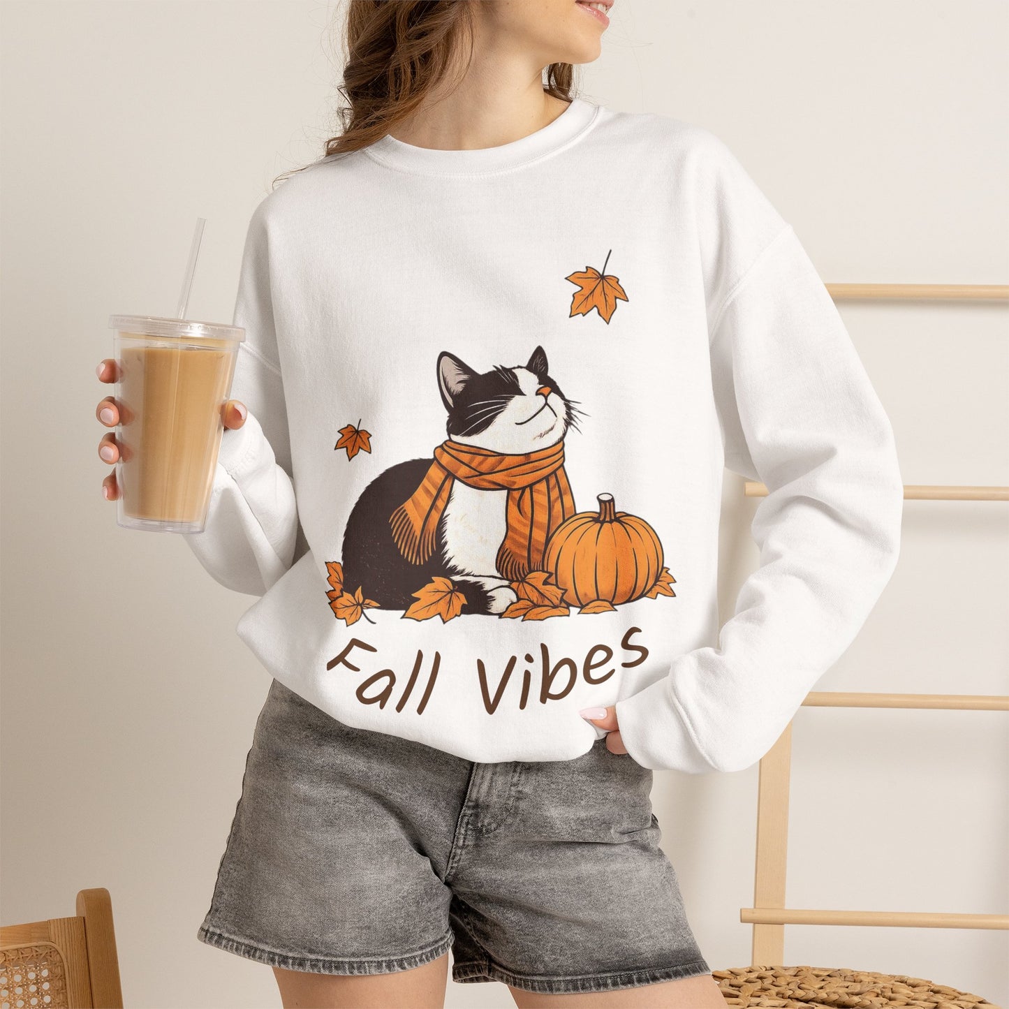 Fall Vibes Cat Sweatshirt – Cozy Autumn Cotton Crewneck