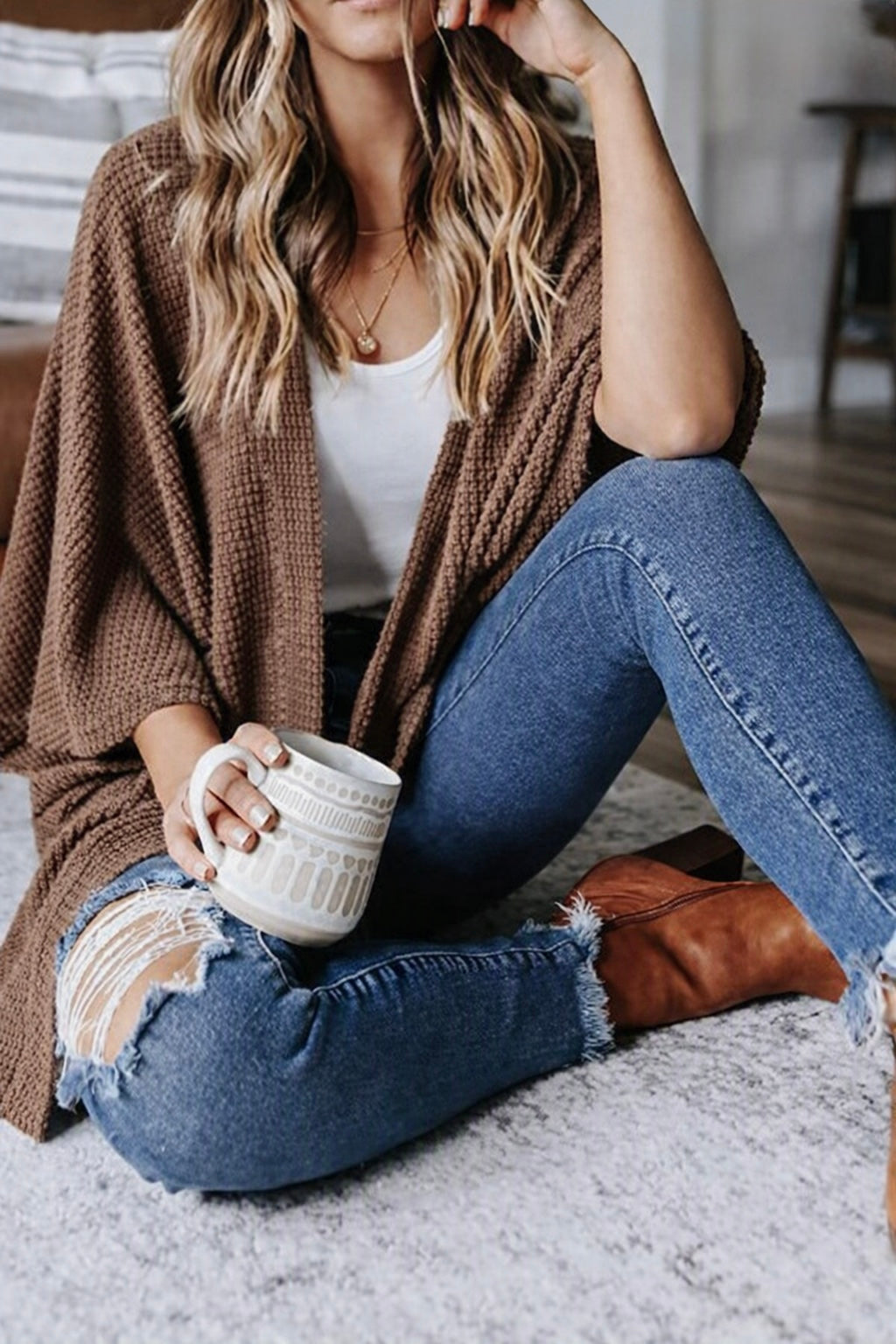 Open Front Waffle Knit Cardigan